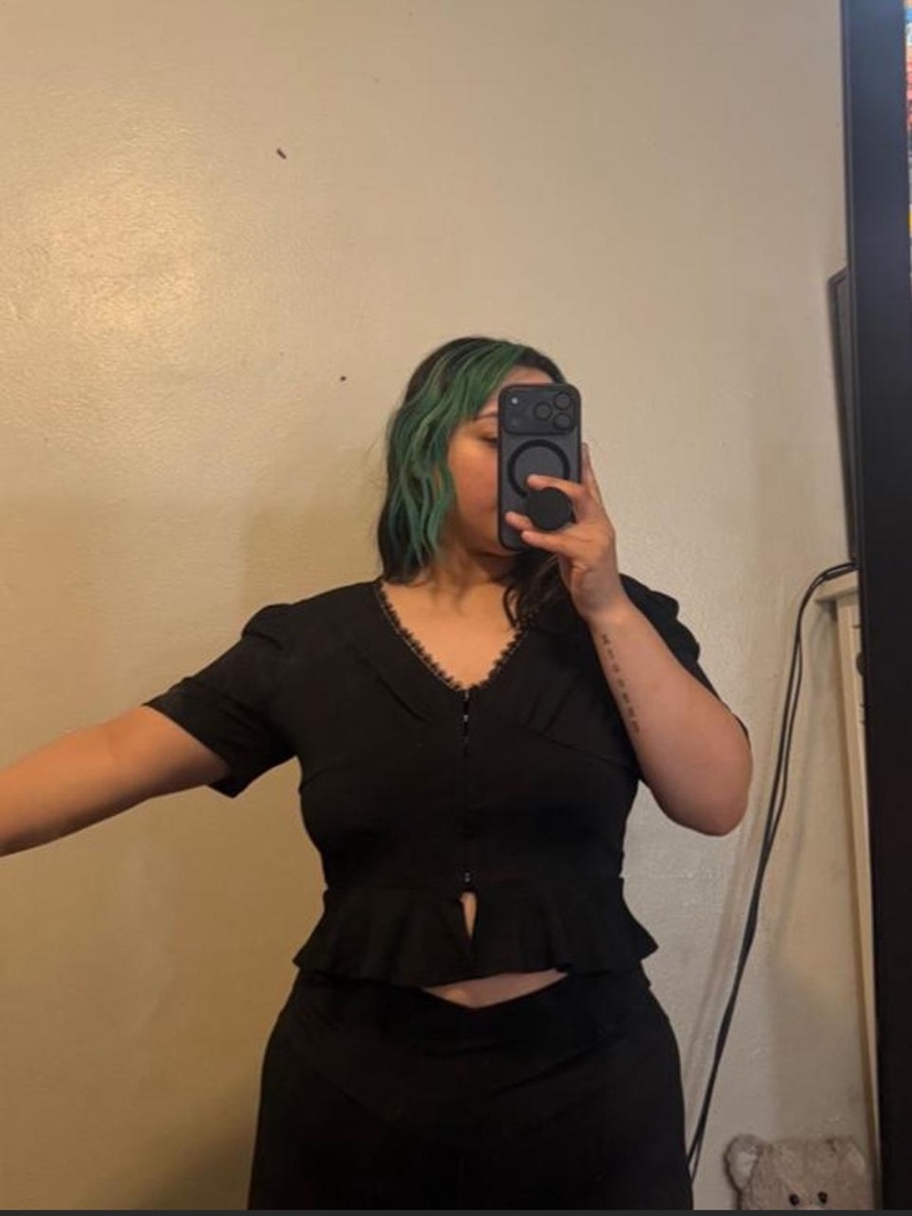 Liberty Love Black Peplum Button-Front Short Sleeve Top